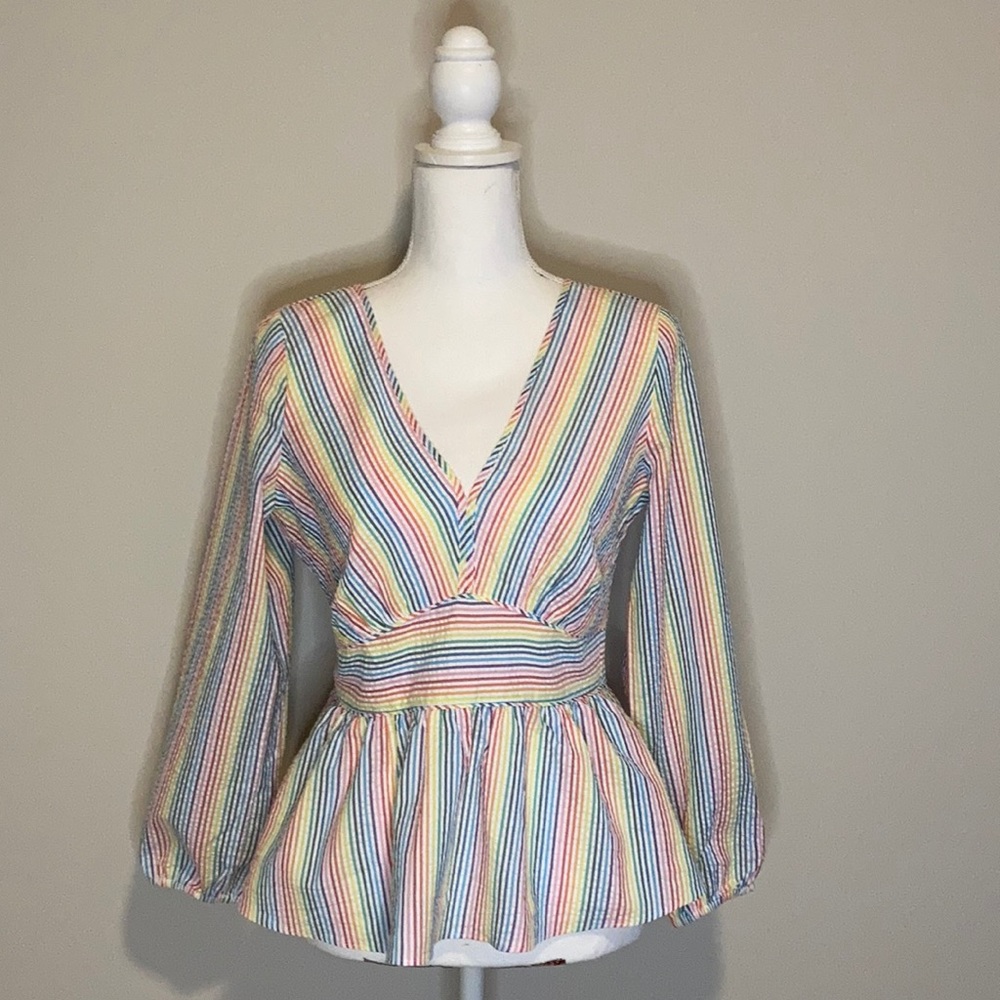 J.Crew V Neck Peplum Top In Rainbow Seersucker